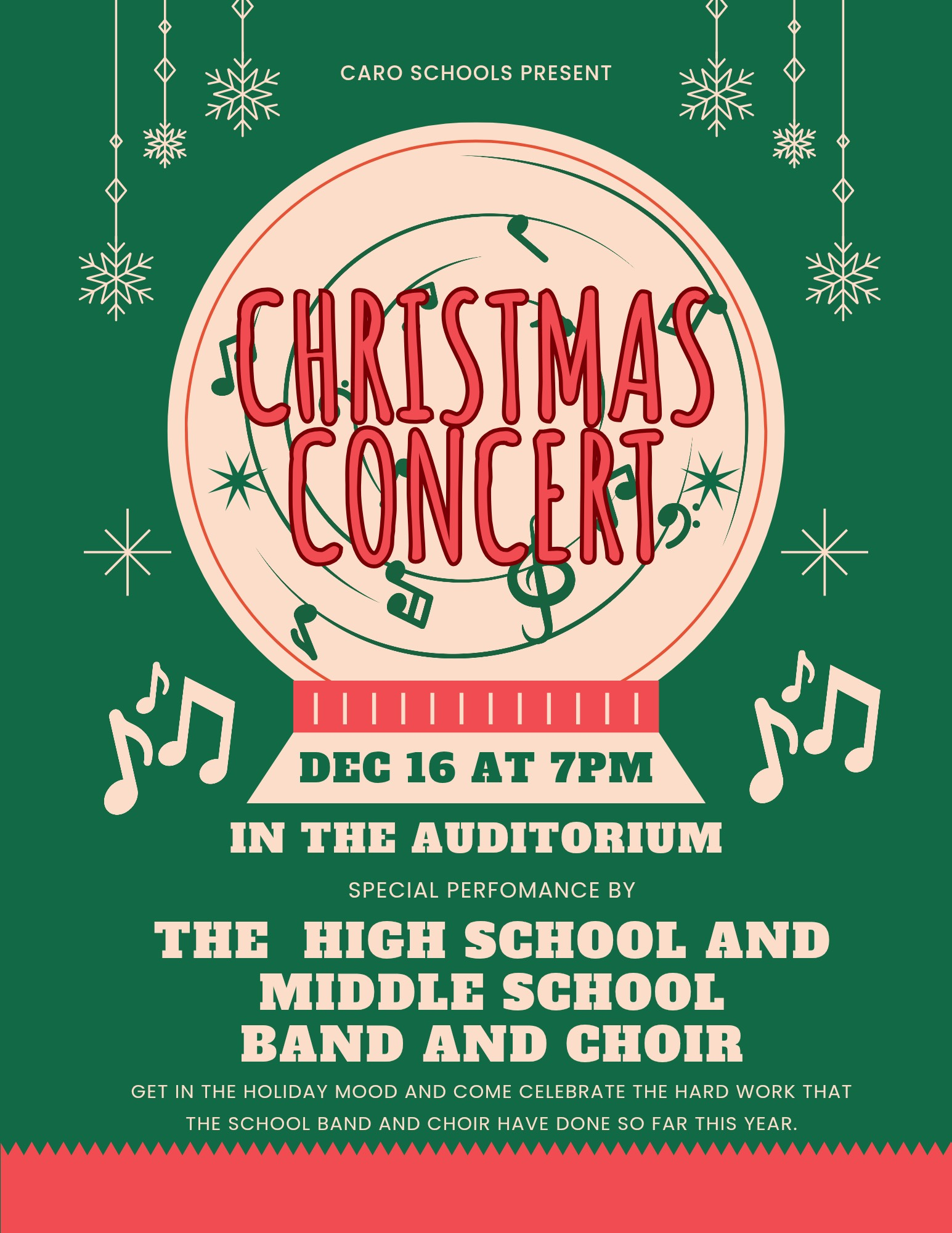 Caro Schools present Christmas Concert December 16 at 7pm in the auditorium. Special performance by the high school and middle school band and choir. Get in the Holiday mood and come celebrate the hard work that the school band and choir have done so far this year.